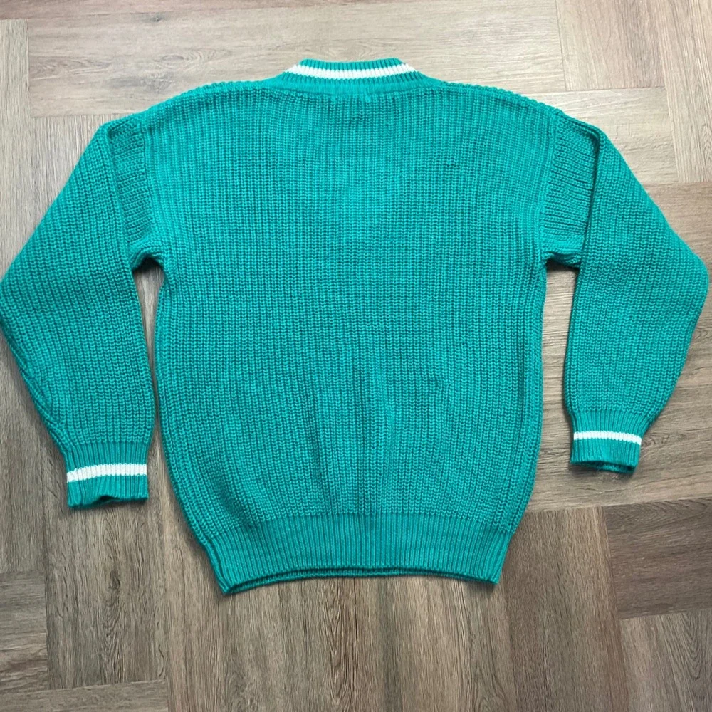 Vintage‎ 90s Gap Shaker Knit V Neck Preppy Sweater Women Medium Teal Green White